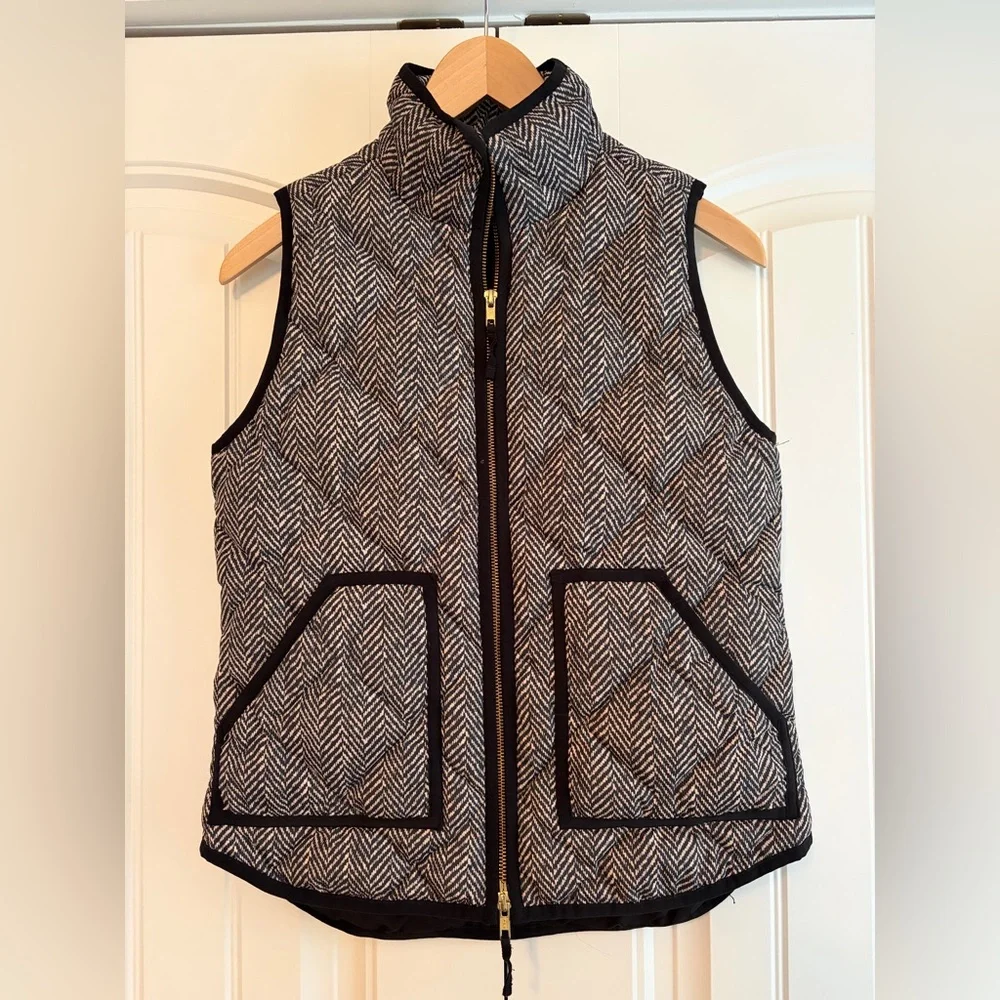 J Crew‎ Diamond Quilted Puffer Vest Women's Sz XS Houndstooth Black Cream Preppy